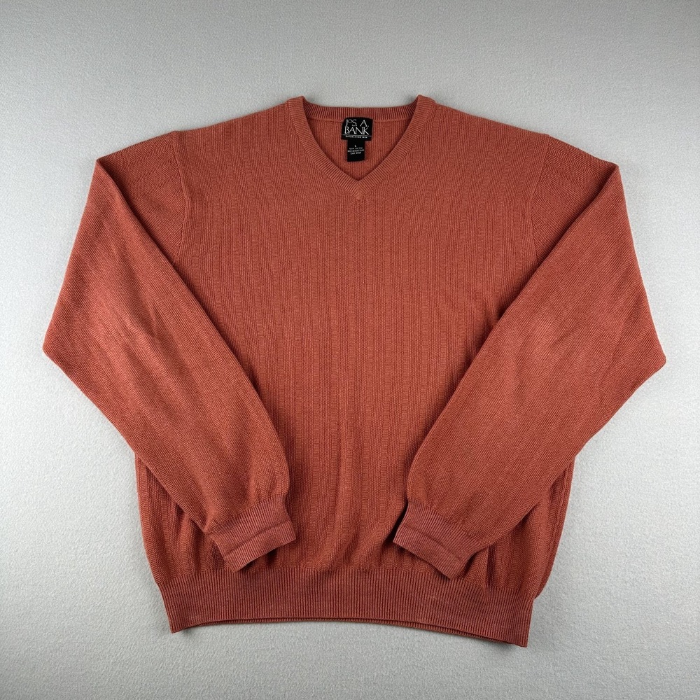 Jos A Bank Mens Large V-Neck Pullover Orange Jumper Sweater 100% Cotton